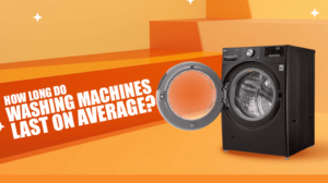 Infographic showing how long washing machines last on average, featuring an open LG front-load washer with text overlay: "How Long Do Washing Machines Last on Average?"